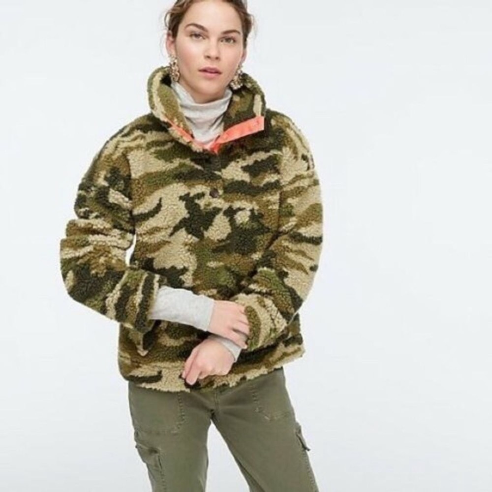 J. Crew Snap Collar Sherpa Fleece Sweatshirt Camo Jacket XXS